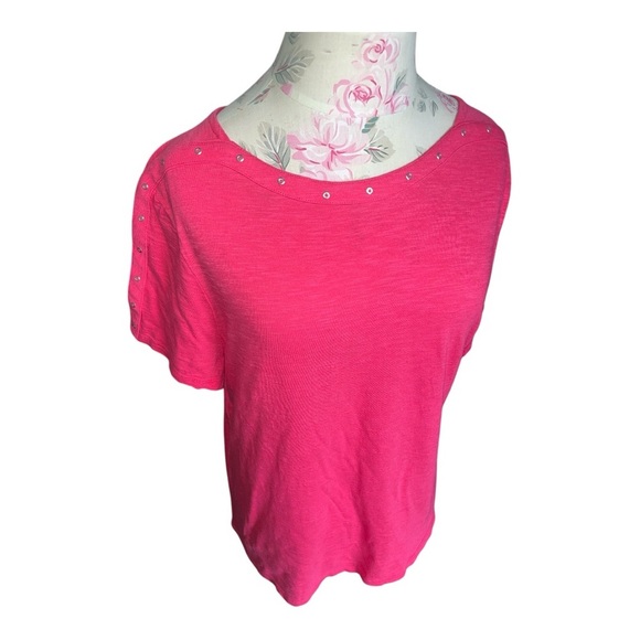 Chico's Pink Relaxed Short Sleeve T-Shirt with Studded Detail - Picture 3 of 7